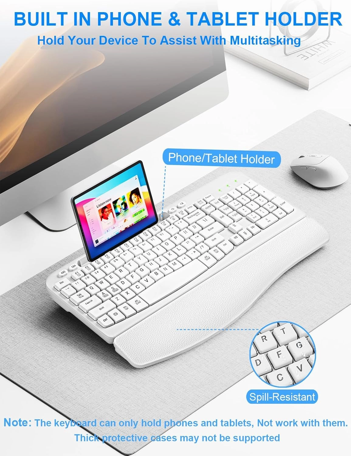 Wireless Keyboard and Mouse Combo, Wave Keys Computer Ergonomic Keyboard with Cushioned Plam Rest, Phone Holder, 2.4GHz Silent 6 Button Wireless Mouse Set for Laptop, PC, Windows, Mac (White)