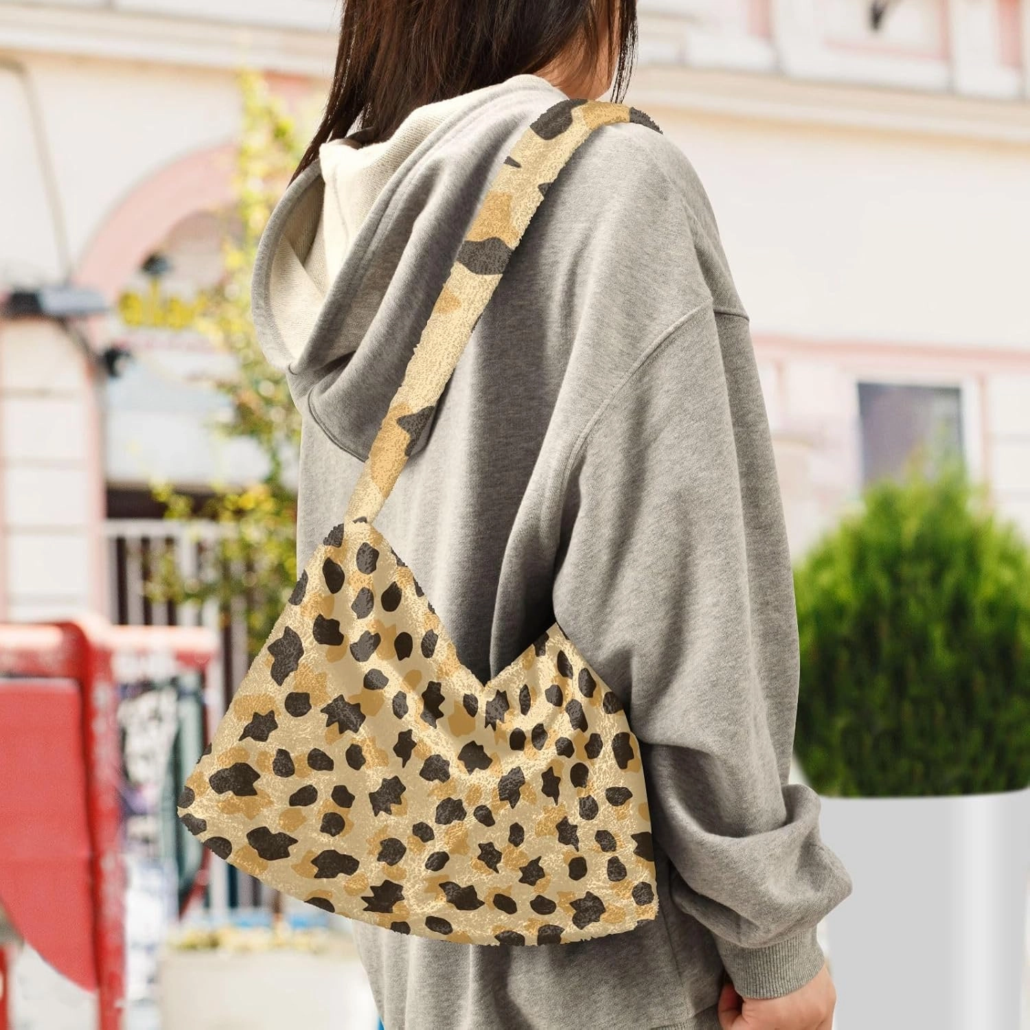Women Ladies Cute Pinstripe Plush Shoulder BagTote Handbag Purse Faux Fur Shopping Dating Bag Multicolor 1