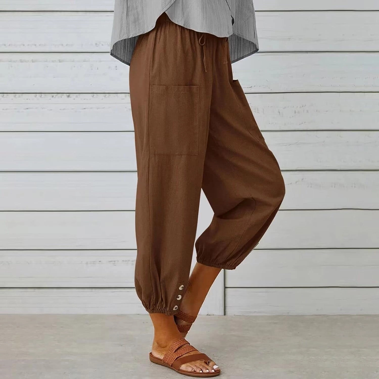 Women's Casual Lantern Tapered Harem Pants Loose Fit Style Flax Ankle Trousers Summer Baggy Slacks with Pocket