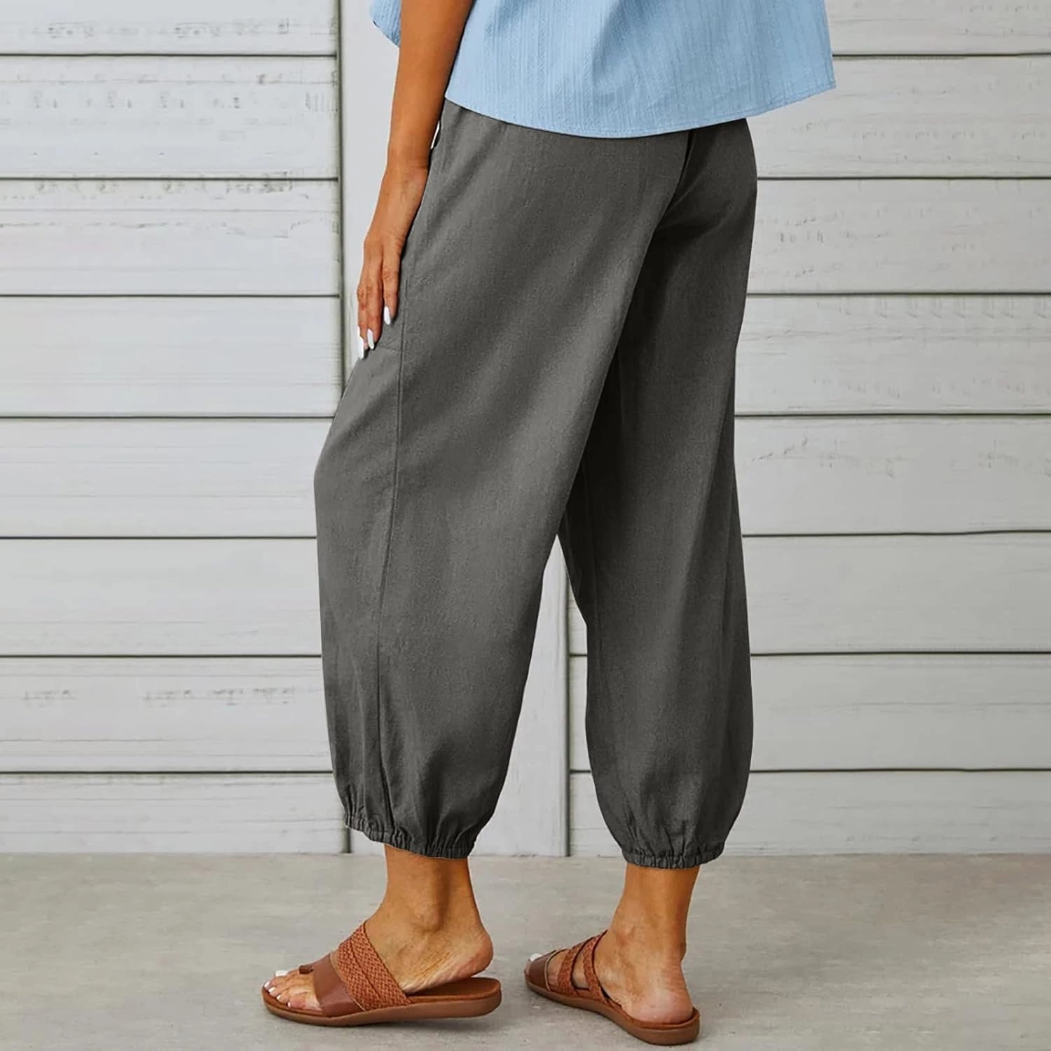 Women's Casual Lantern Tapered Harem Pants Loose Fit Style Flax Ankle Trousers Summer Baggy Slacks with Pocket