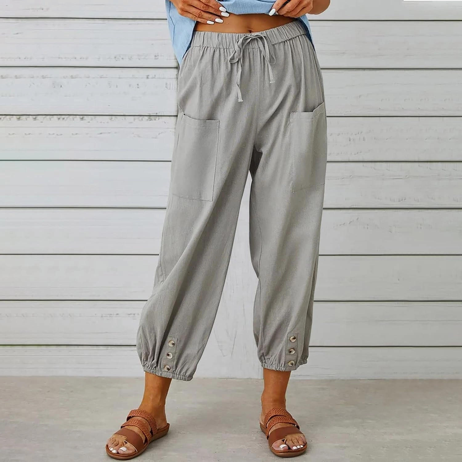 Women's Casual Lantern Tapered Harem Pants Loose Fit Style Flax Ankle Trousers Summer Baggy Slacks with Pocket
