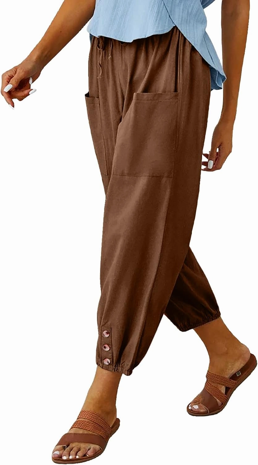 Women's Casual Lantern Tapered Harem Pants Loose Fit Style Flax Ankle Trousers Summer Baggy Slacks with Pocket