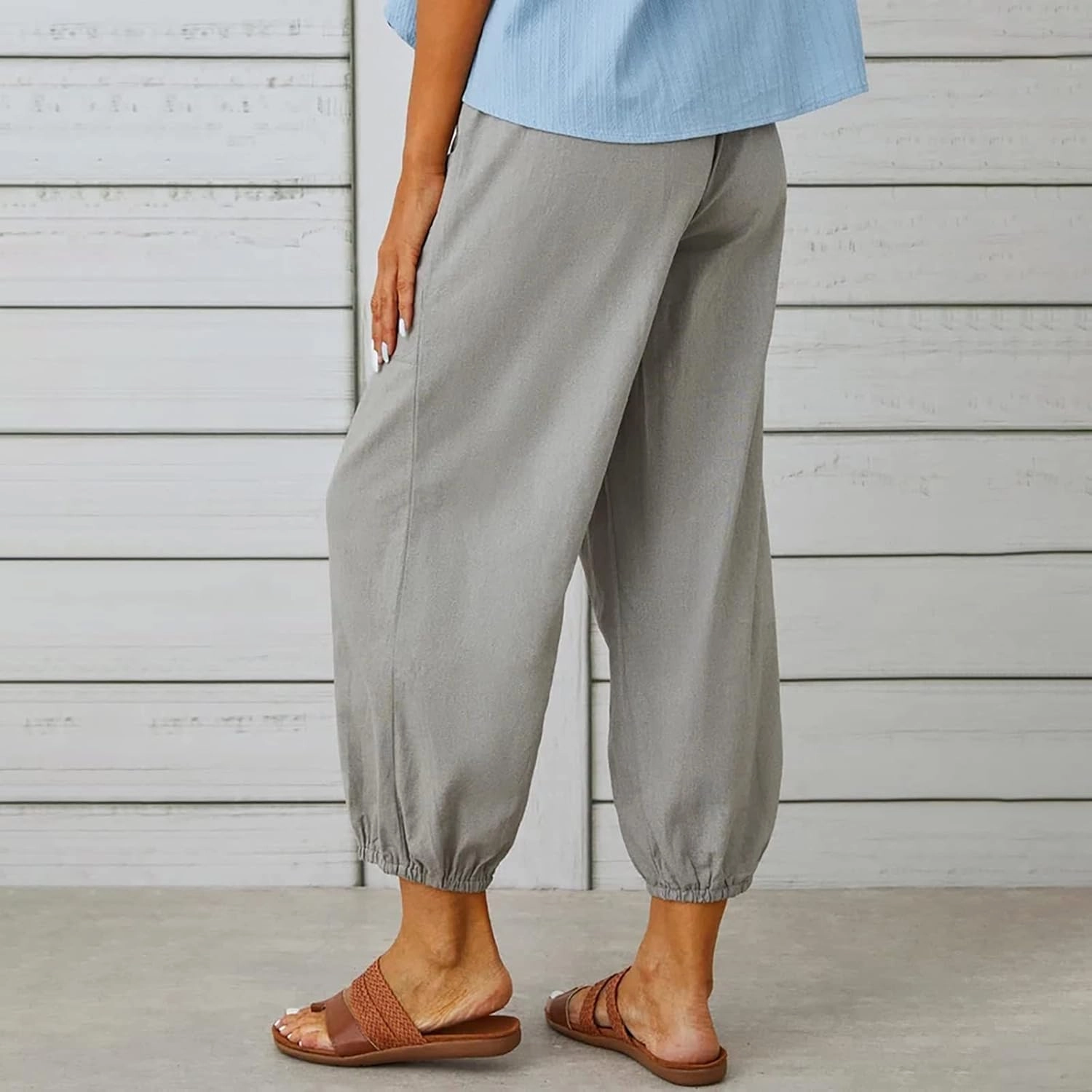 Women's Casual Lantern Tapered Harem Pants Loose Fit Style Flax Ankle Trousers Summer Baggy Slacks with Pocket