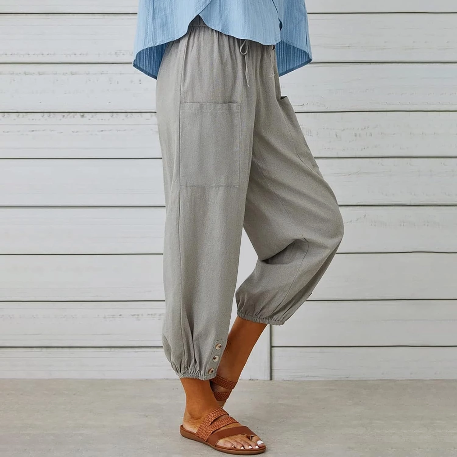 Women's Casual Lantern Tapered Harem Pants Loose Fit Style Flax Ankle Trousers Summer Baggy Slacks with Pocket