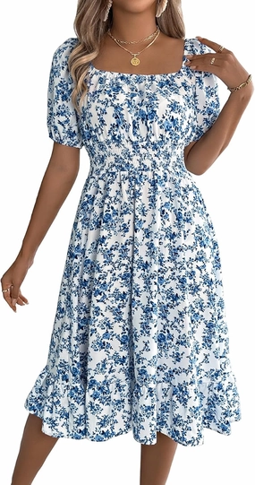 Women's Casual Summer Floral Bohemian Ruffle A-Line Mini Dress Short Sleeve Square Neck Swing Midi Dress