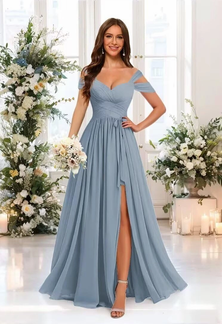 Women’s Chiffon Bridesmaid Dress with Slit Floor Length Off Shoulder Wedding Prom Dresses V-Neck Formal Gowns with Belt RCL03