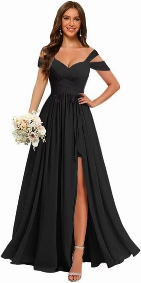 Women’s Chiffon Bridesmaid Dress with Slit Floor Length Off Shoulder Wedding Prom Dresses V-Neck Formal Gowns with Belt RCL03
