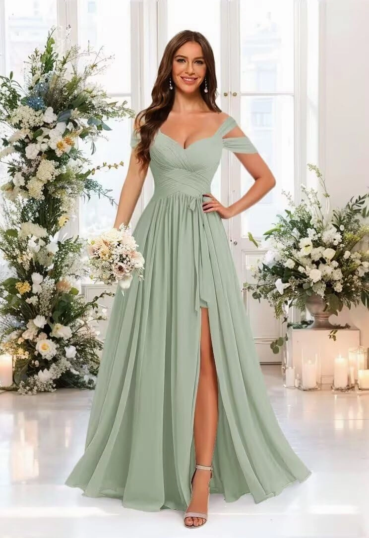 Women’s Chiffon Bridesmaid Dress with Slit Floor Length Off Shoulder Wedding Prom Dresses V-Neck Formal Gowns with Belt RCL03