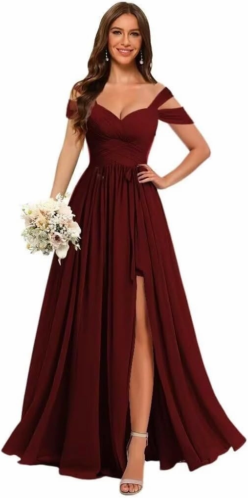 Women’s Chiffon Bridesmaid Dress with Slit Floor Length Off Shoulder Wedding Prom Dresses V-Neck Formal Gowns with Belt RCL03