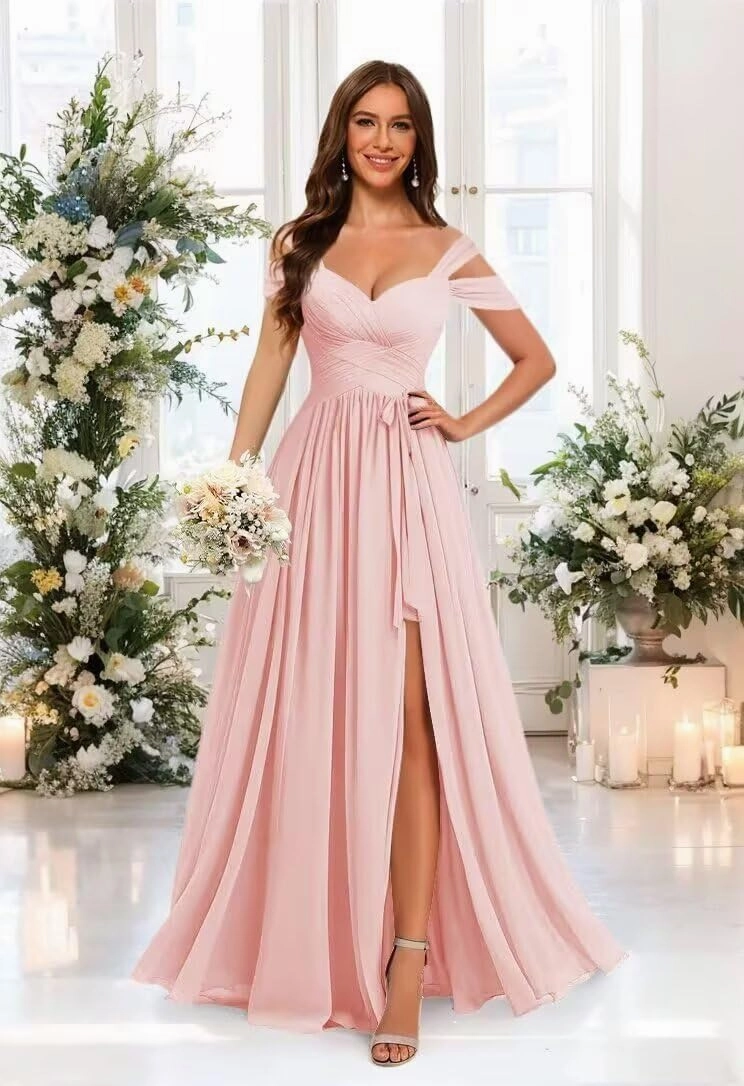 Women’s Chiffon Bridesmaid Dress with Slit Floor Length Off Shoulder Wedding Prom Dresses V-Neck Formal Gowns with Belt RCL03