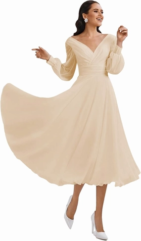 Women's Long Sleeves Tea Length Wedding Dress for Bride Chiffon V Neck A Line Midi Bridal Dress for Women