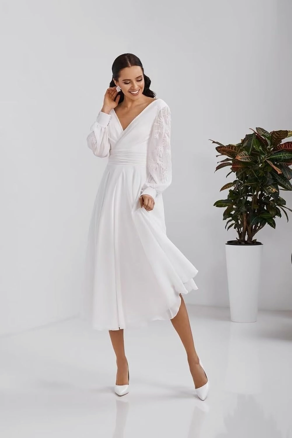 Women's Long Sleeves Tea Length Wedding Dress for Bride Chiffon V Neck A Line Midi Bridal Dress for Women