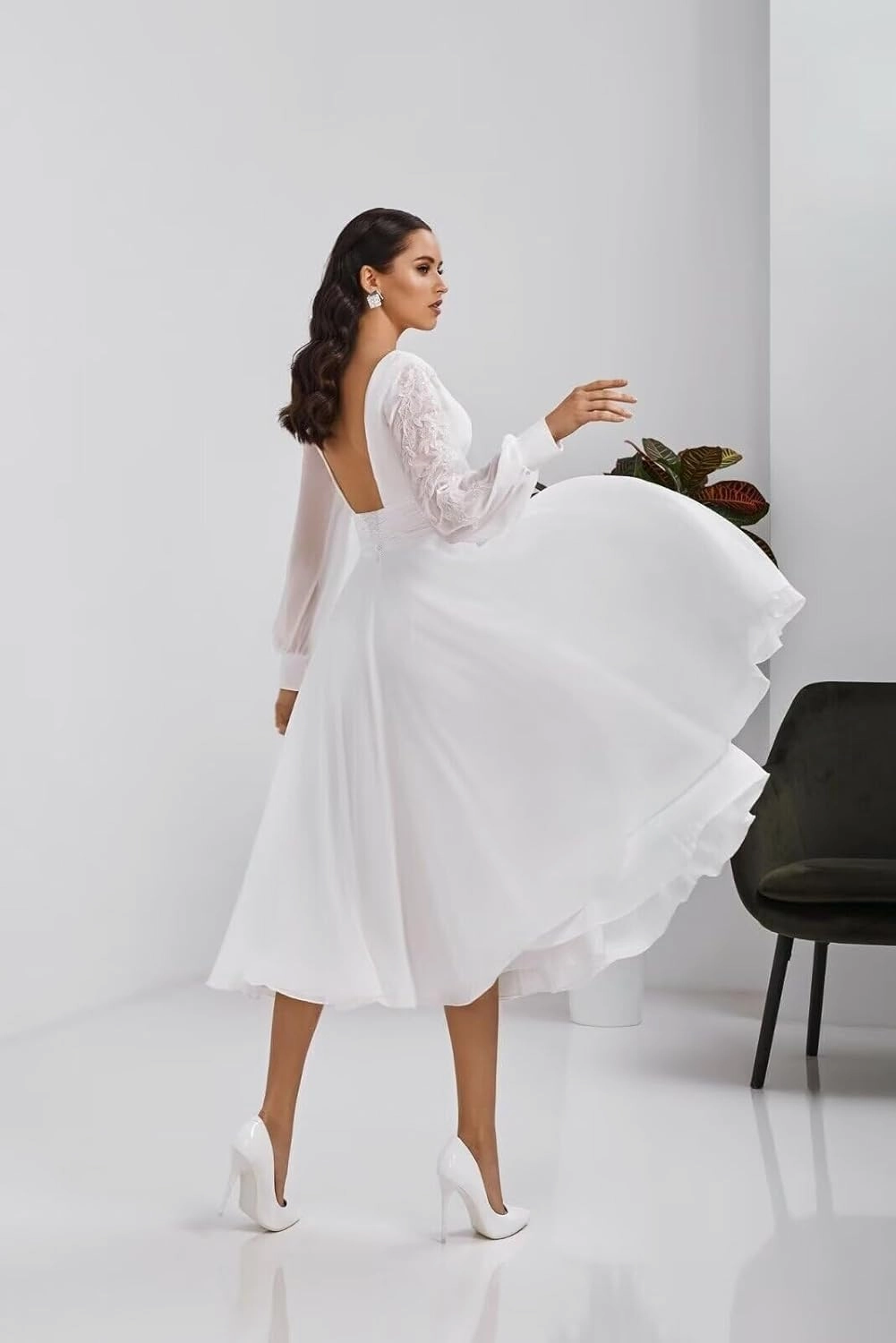 Women's Long Sleeves Tea Length Wedding Dress for Bride Chiffon V Neck A Line Midi Bridal Dress for Women