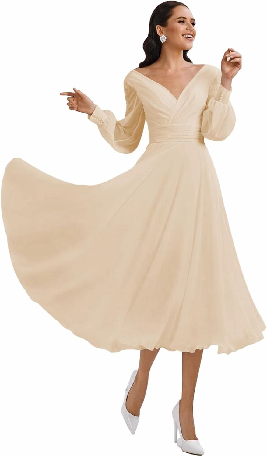 Women's Long Sleeves Tea Length Wedding Dress for Bride Chiffon V Neck A Line Midi Bridal Dress for Women