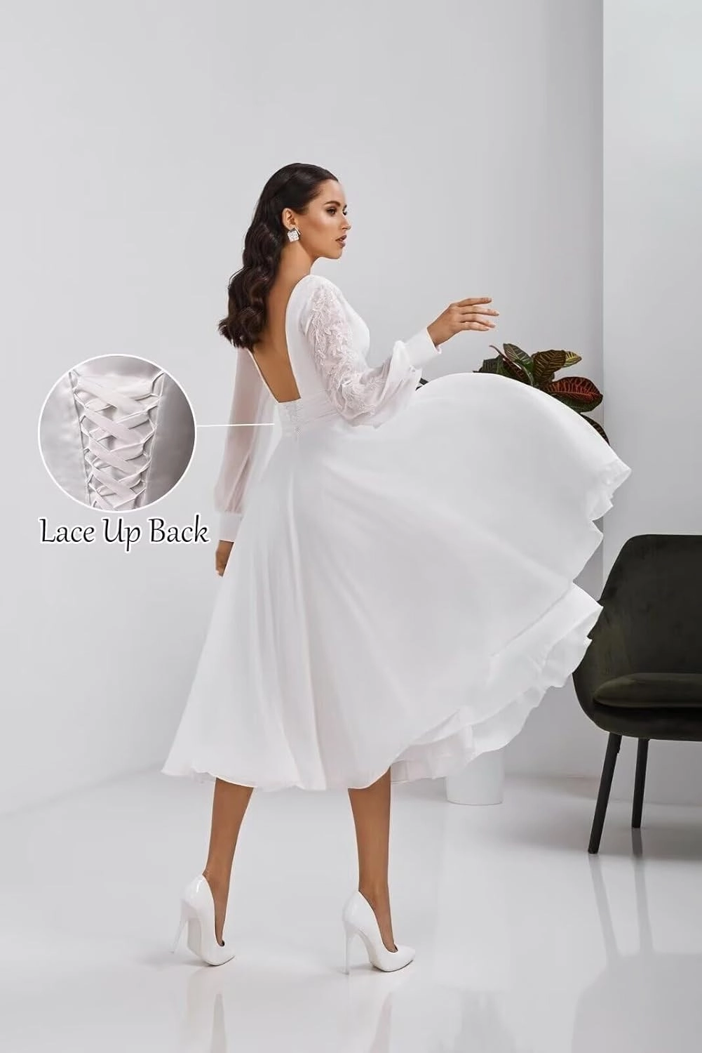 Women's Long Sleeves Tea Length Wedding Dress for Bride Chiffon V Neck A Line Midi Bridal Dress for Women