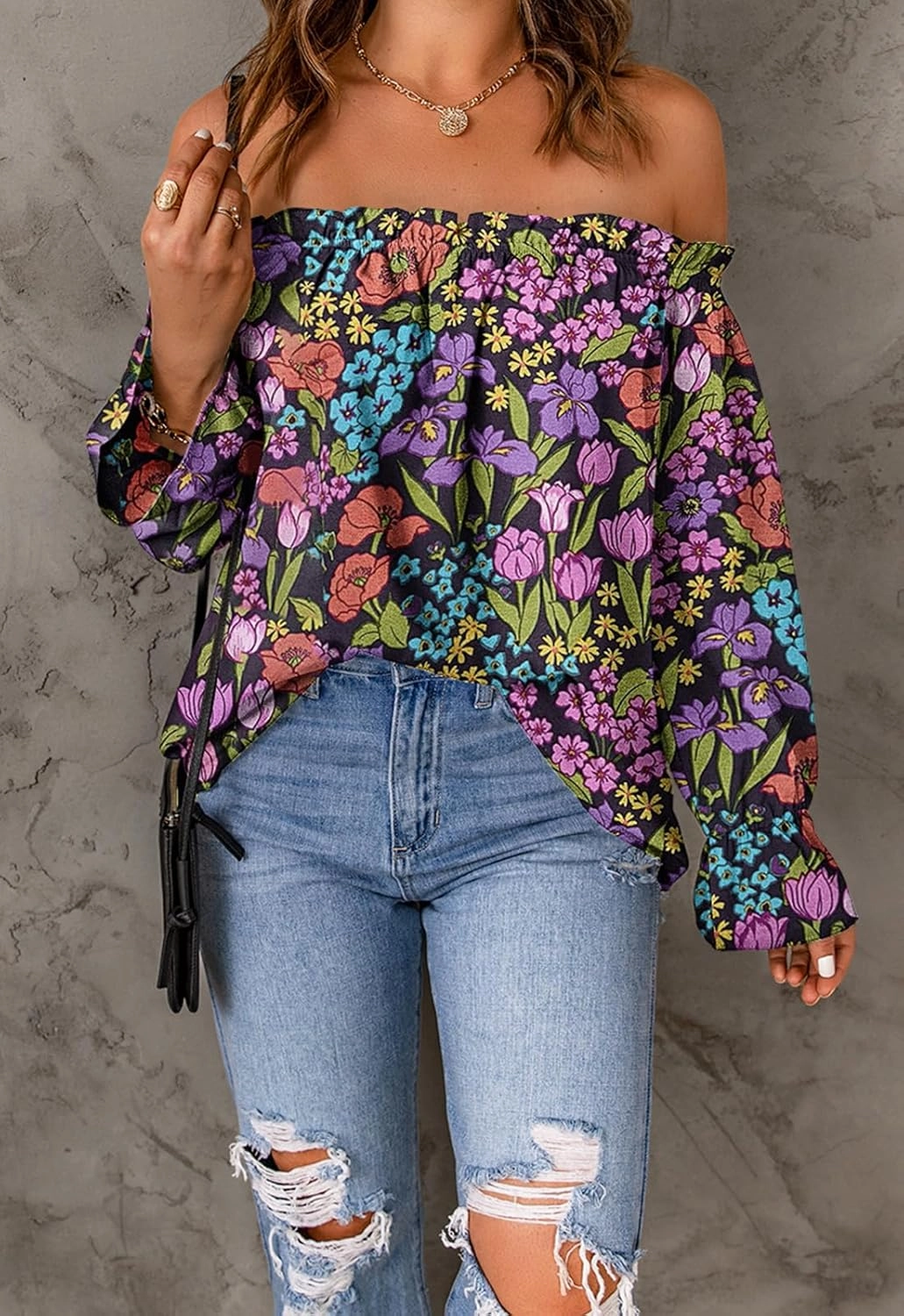 Women's Off Shoulder Top Ruffle Long Sleeve Chiffon Blouse Casual Loose Shirts