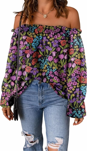 Women's Off Shoulder Top Ruffle Long Sleeve Chiffon Blouse Casual Loose Shirts