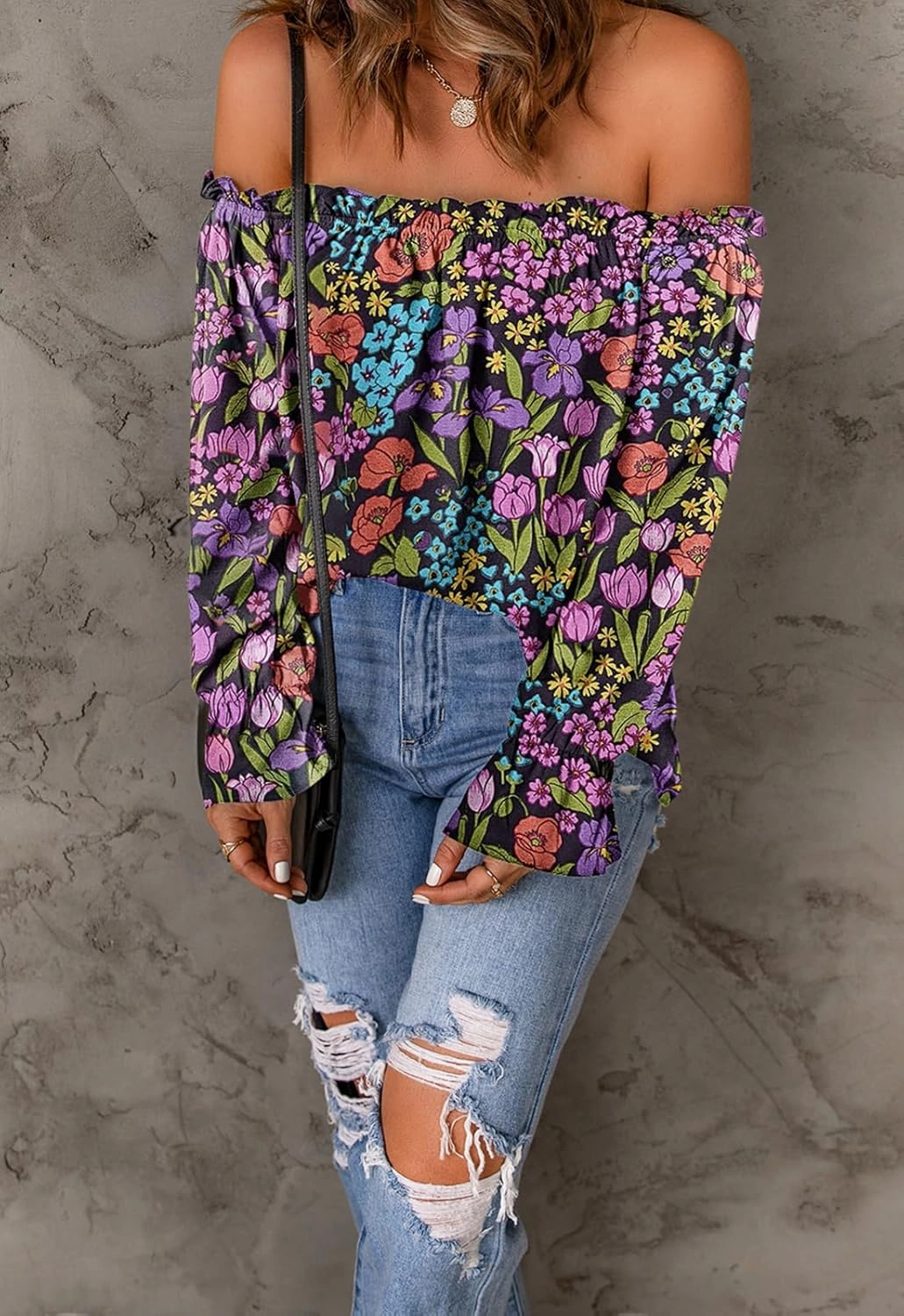 Women's Off Shoulder Top Ruffle Long Sleeve Chiffon Blouse Casual Loose Shirts