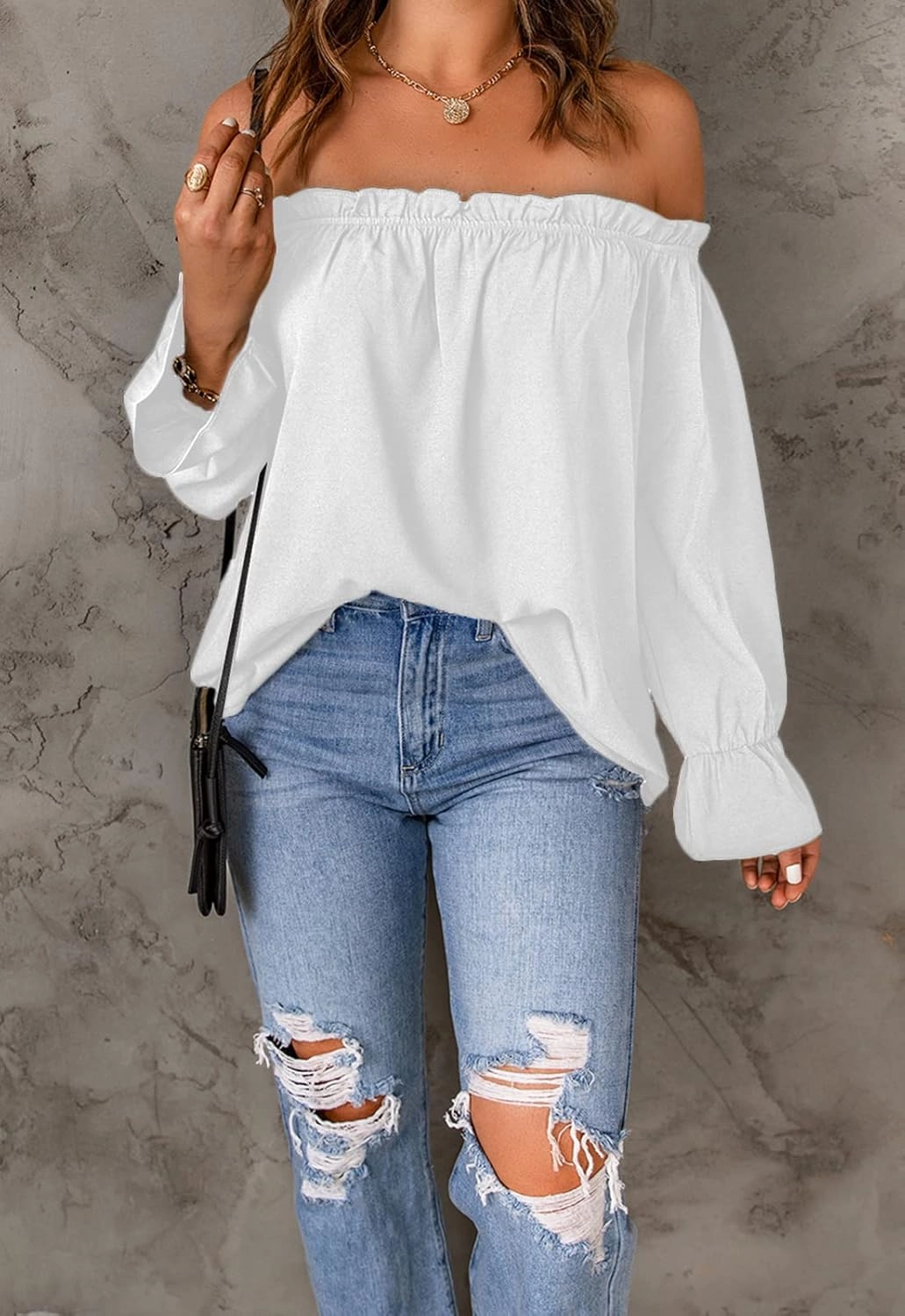 Women's Off Shoulder Top Ruffle Long Sleeve Chiffon Blouse Casual Loose Shirts