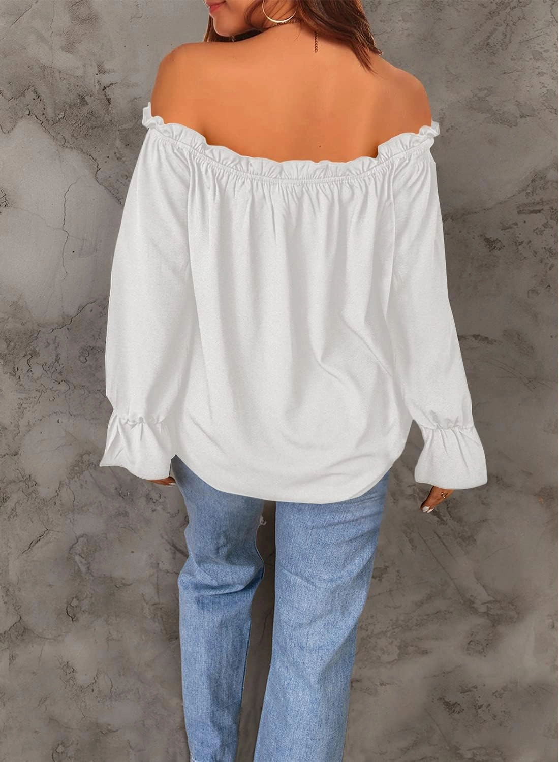 Women's Off Shoulder Top Ruffle Long Sleeve Chiffon Blouse Casual Loose Shirts