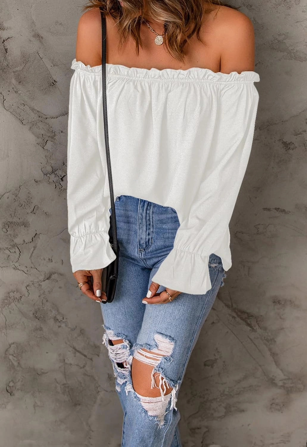 Women's Off Shoulder Top Ruffle Long Sleeve Chiffon Blouse Casual Loose Shirts