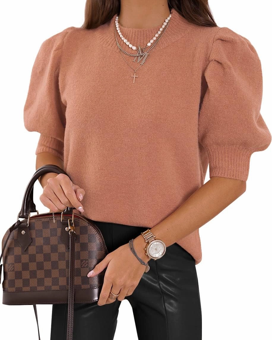 Women's Puff Short Sleeve Sweater Tops 2025 Spring Summer Trendy Crew Neck Casual T Shirts Blouses