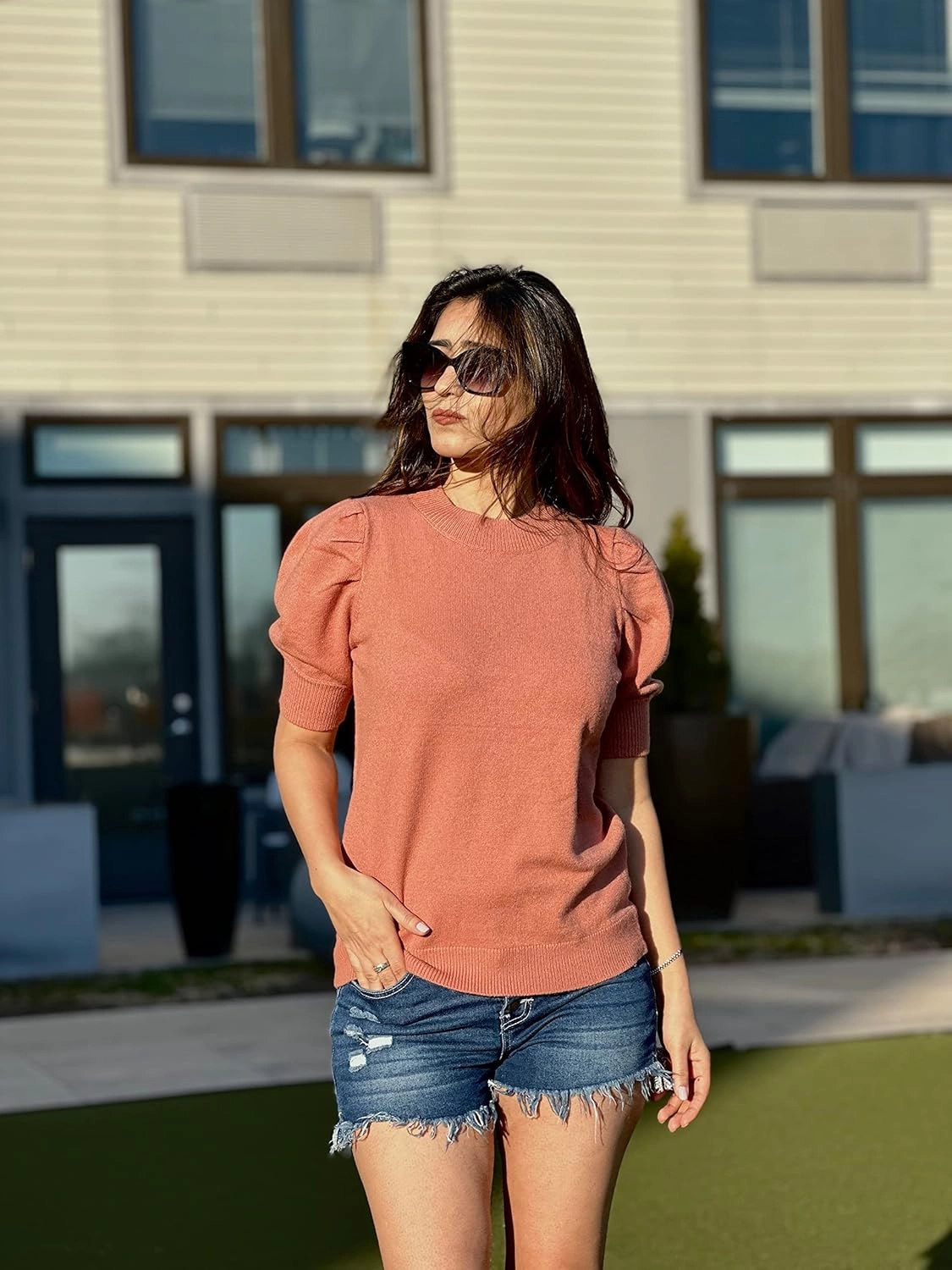 Women's Puff Short Sleeve Sweater Tops 2025 Spring Summer Trendy Crew Neck Casual T Shirts Blouses