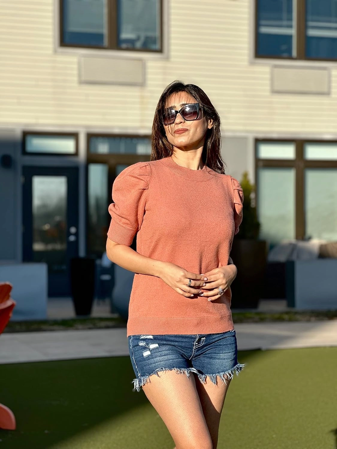 Women's Puff Short Sleeve Sweater Tops 2025 Spring Summer Trendy Crew Neck Casual T Shirts Blouses