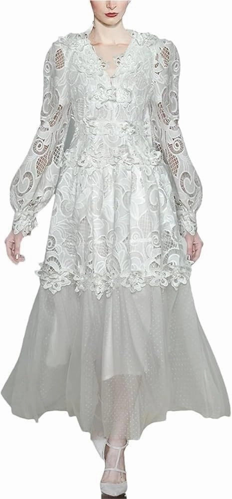 Women's V-Neck Lace Dress Lantern Sleeve Spliced Hollow Flower Print Spring Party Gown