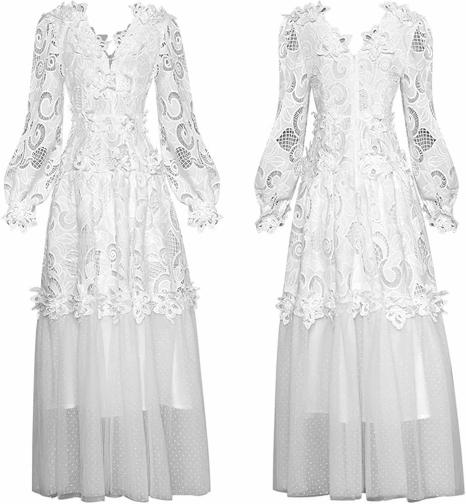 Women's V-Neck Lace Dress Lantern Sleeve Spliced Hollow Flower Print Spring Party Gown
