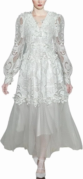 Women's V-Neck Lace Dress Lantern Sleeve Spliced Hollow Flower Print Spring Party Gown