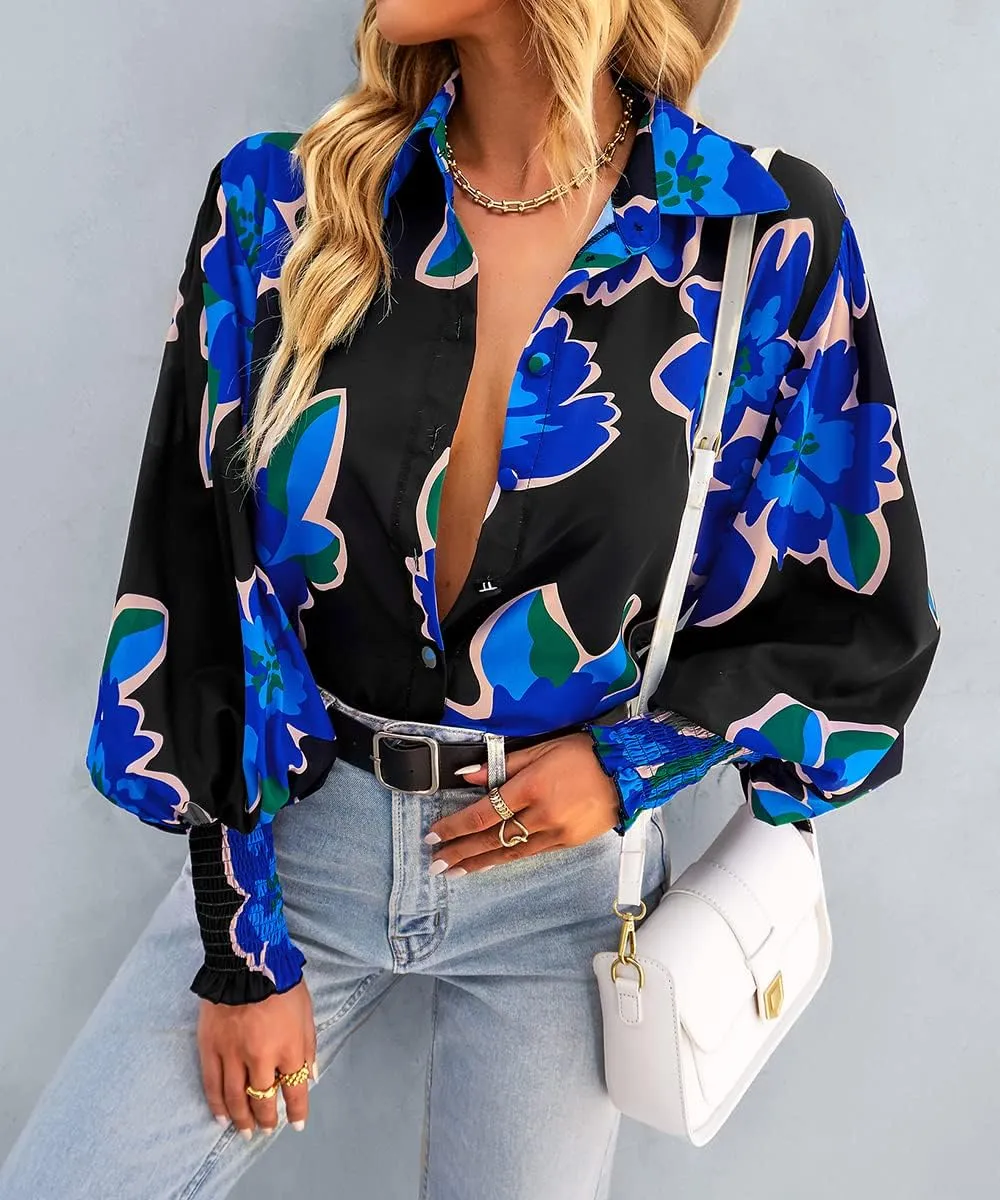 Women's Floral Print Blouse Long Sleeve Button Down Shirts Casual Dressy Blouse Shirts Tops