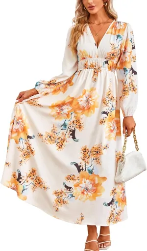 Women's Floral Print Boho Dress Long Sleeve V Neck A-Line Beach Smocked Flowy Maxi Dresses