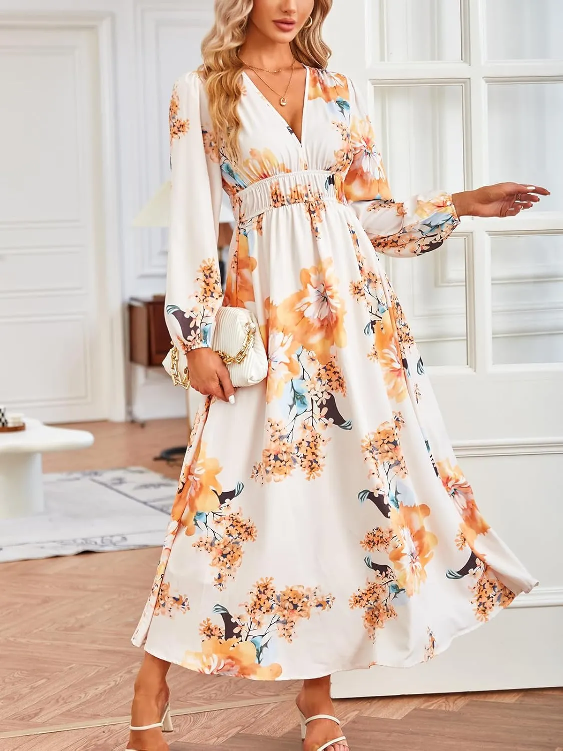 Women's Floral Print Boho Dress Long Sleeve V Neck A-Line Beach Smocked Flowy Maxi Dresses