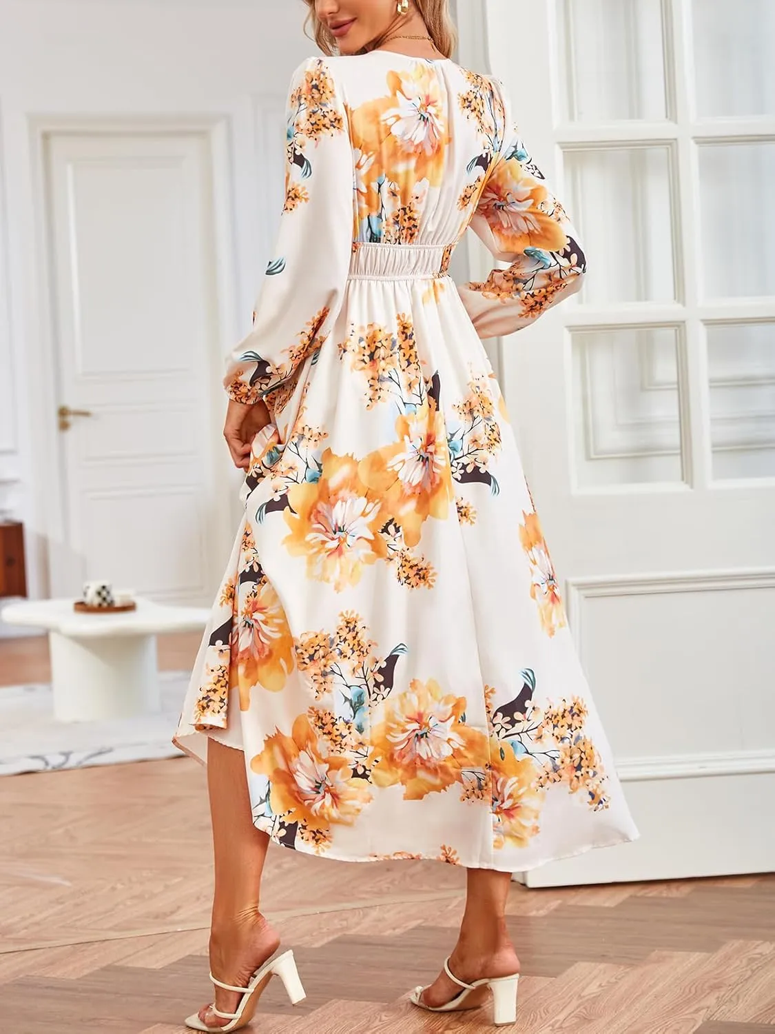 Women's Floral Print Boho Dress Long Sleeve V Neck A-Line Beach Smocked Flowy Maxi Dresses