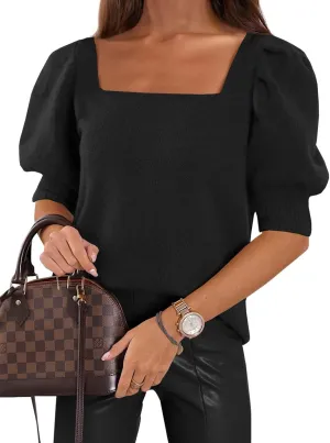 Womens Puff Short Sleeve Sweater Tops 2025 Spring Summer Trendy Casual T Shirts Blouse