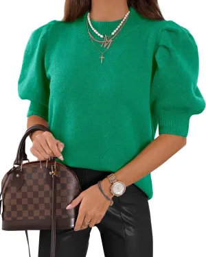 Women's Puff Short Sleeve Sweater Tops 2025 Spring Summer Trendy Crew Neck Casual T Shirts Blouses