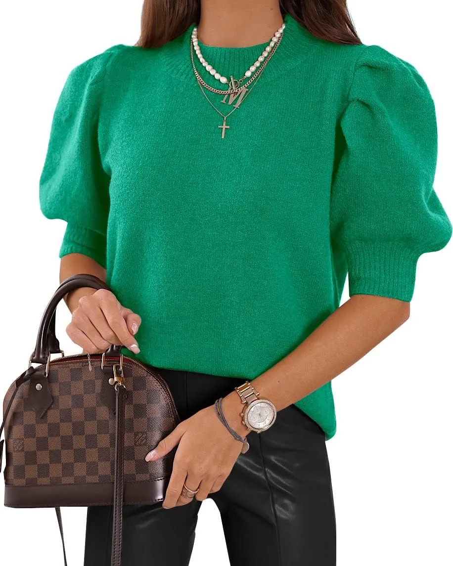 Women's Puff Short Sleeve Sweater Tops 2025 Spring Summer Trendy Crew Neck Casual T Shirts Blouses