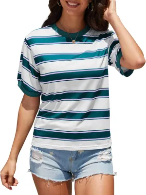 Womens Summer Tops Striped Color Block Short Sleeve T-Shirts Color Block Crewneck Casual Loose Basic Tee Blouses