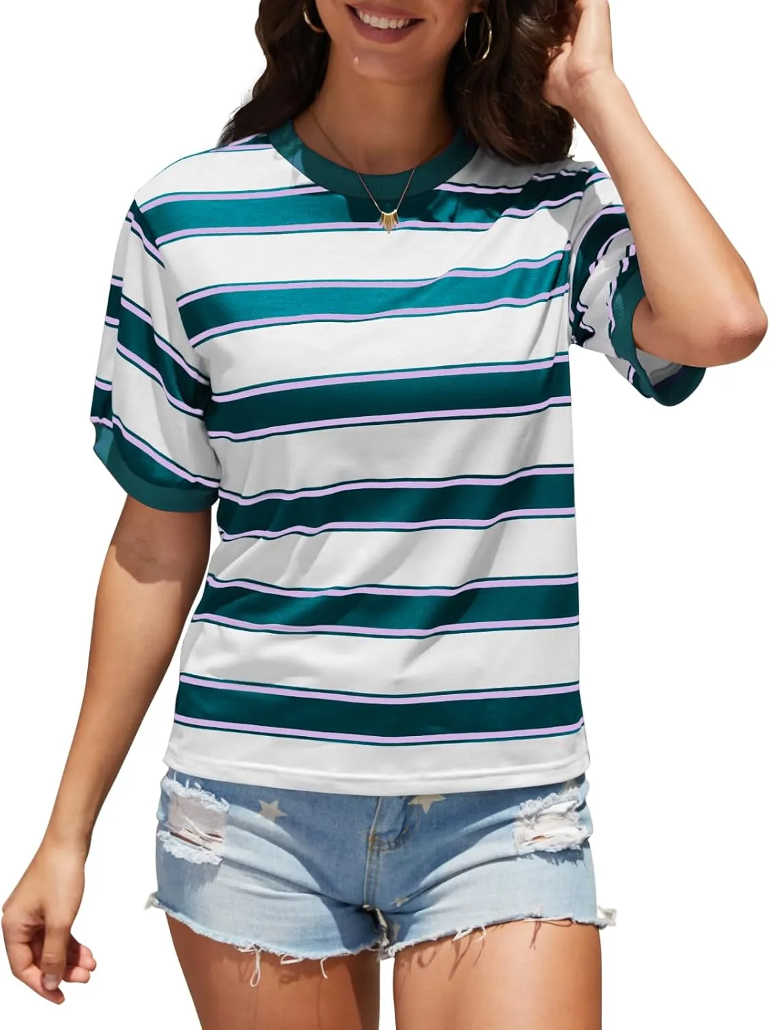 Womens Summer Tops Striped Color Block Short Sleeve T-Shirts Color Block Crewneck Casual Loose Basic Tee Blouses