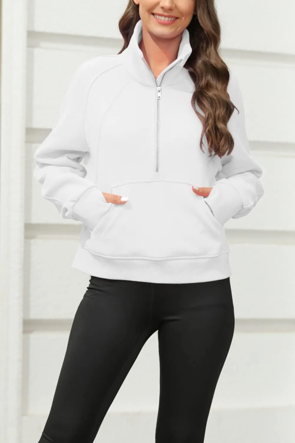 Women's Sweatshirts Fleece Lined Half Zipper Crop Pullover Tops Funnel Neck Long Sleeve Sweater Thumb Hole