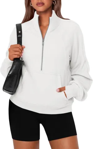 Women's Sweatshirts Fleece Lined Half Zipper Crop Pullover Tops Funnel Neck Long Sleeve Sweater Thumb Hole