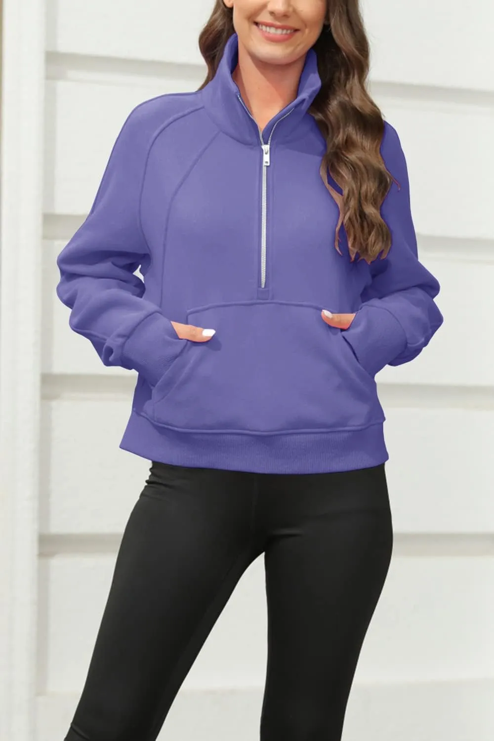 Women's Sweatshirts Fleece Lined Half Zipper Crop Pullover Tops Funnel Neck Long Sleeve Sweater Thumb Hole