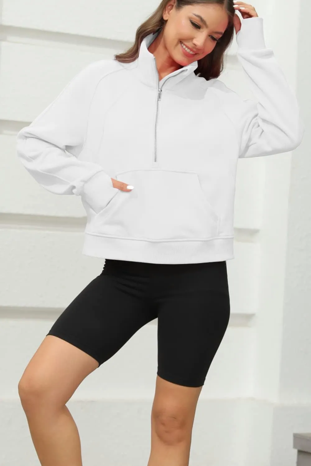Women's Sweatshirts Fleece Lined Half Zipper Crop Pullover Tops Funnel Neck Long Sleeve Sweater Thumb Hole