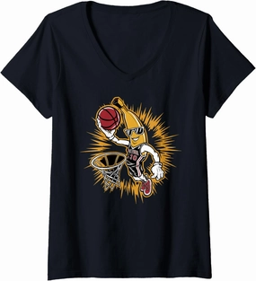 Womens B-Ball Player Sport Game Cute Dunk Banana Basketball Player V-Neck T-Shirt