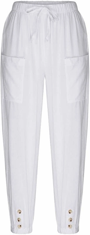Womens Capri Pants Cotton Linen Cropped Trousers Summer Wide Leg Drawstring High Waist Palazzo Pants with Pockets