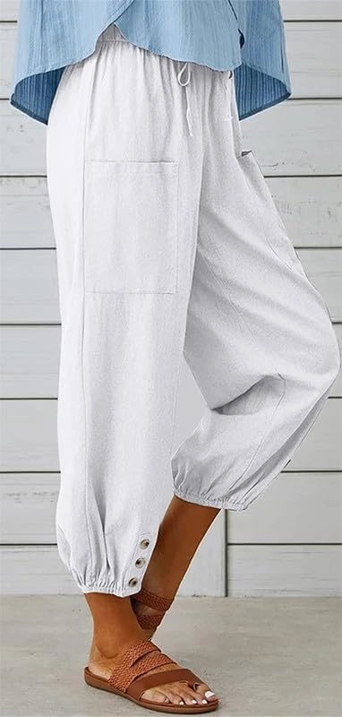 Womens Capri Pants Cotton Linen Cropped Trousers Summer Wide Leg Drawstring High Waist Palazzo Pants with Pockets