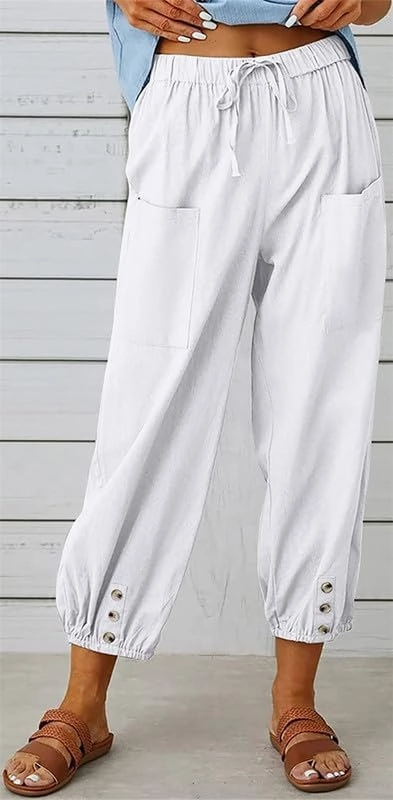 Womens Capri Pants Cotton Linen Cropped Trousers Summer Wide Leg Drawstring High Waist Palazzo Pants with Pockets