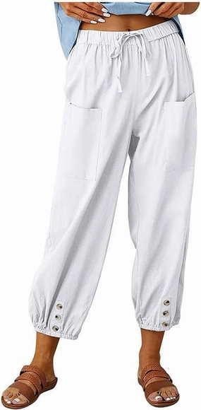 Womens Capri Pants Cotton Linen Cropped Trousers Summer Wide Leg Drawstring High Waist Palazzo Pants with Pockets