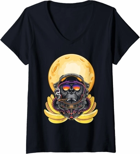 Womens Moon Banana Space Science Smoking Monkey Ape Astronaut V-Neck T-Shirt
